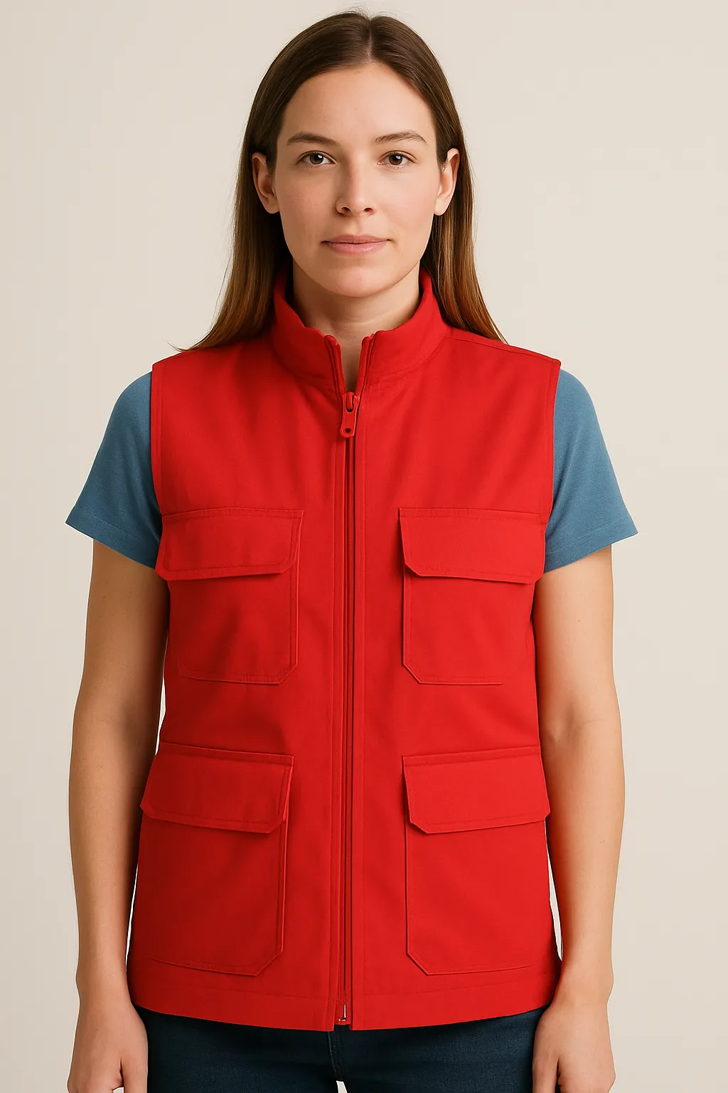 Chaleco rojo de dotación con 4 bolsillos para dama